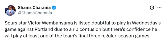 文班亚马肋骨无结构性损伤 马刺期待其复出助战